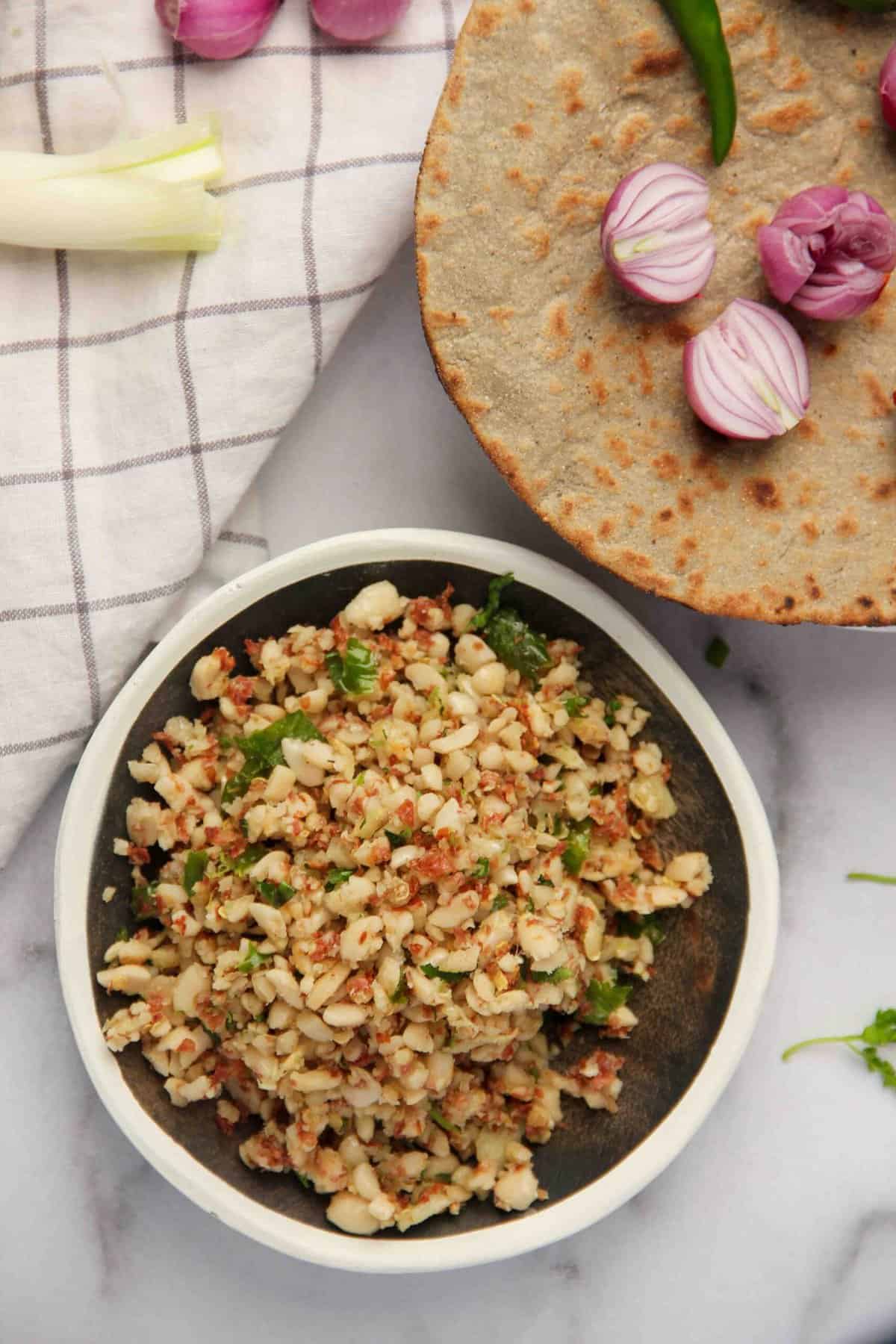 peanut thecha served alongside bhakri 