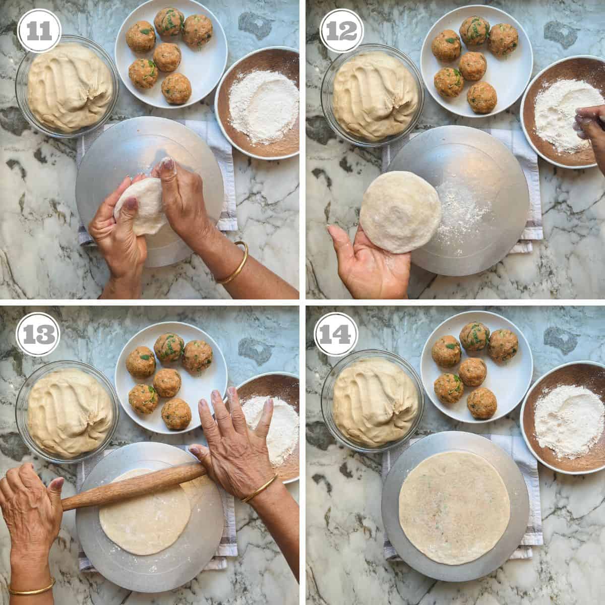 photos eleven through fourteen showing how roll paratha