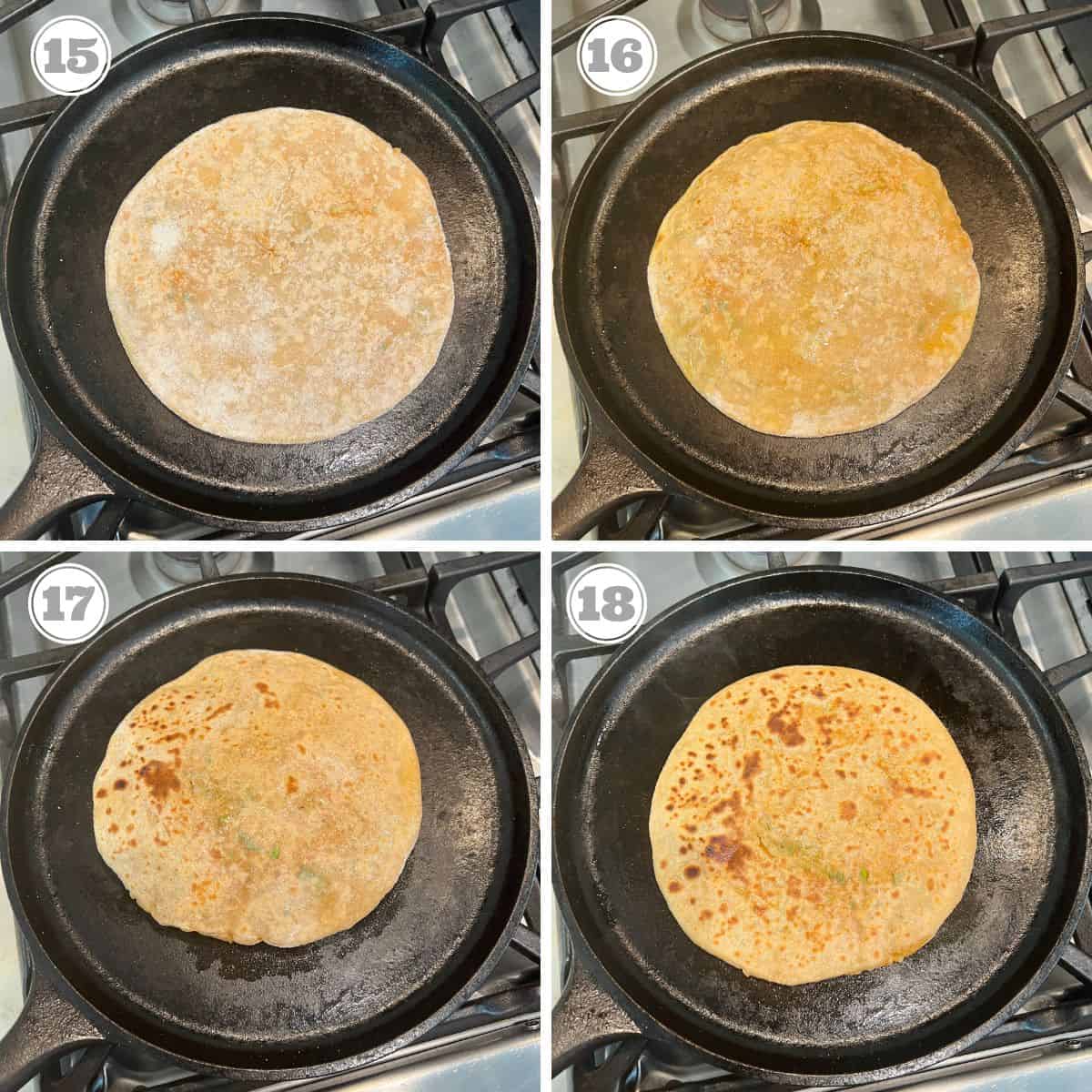 photos fifteen through eighteen showing cook potato paratha on the griddle 