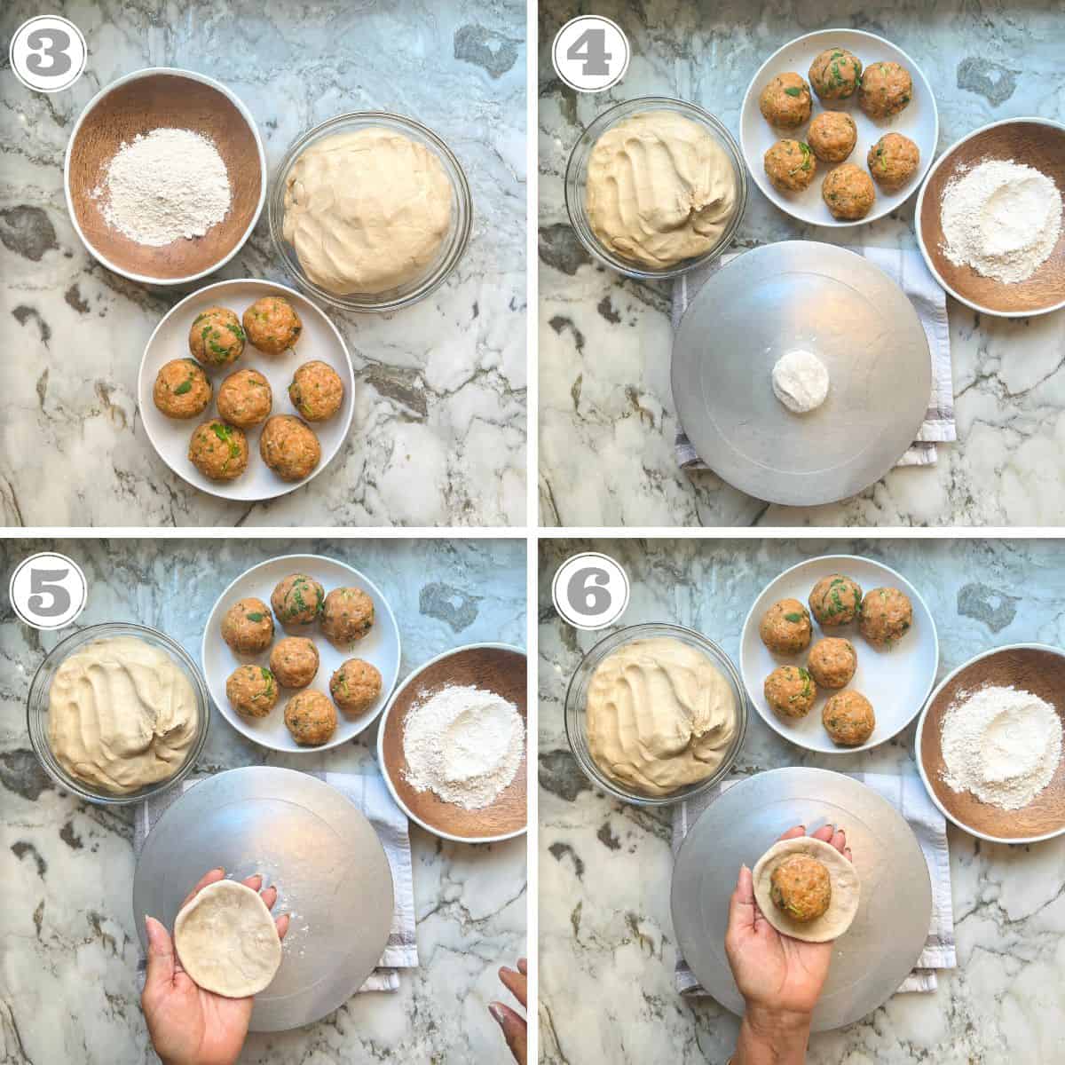 photos three through six showing how to stuff potato filling and outer dough 
