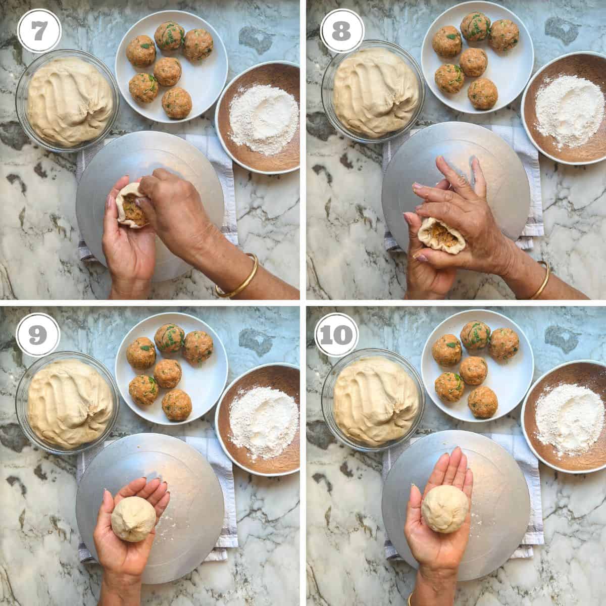 photos seven through ten showing how to stuff potato filling inside the dough 