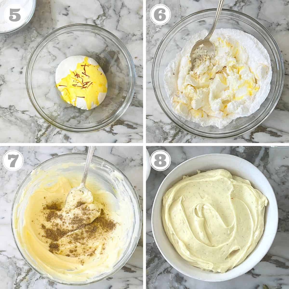 steps five through eight showing how to make kesar elaichi shrikhand 