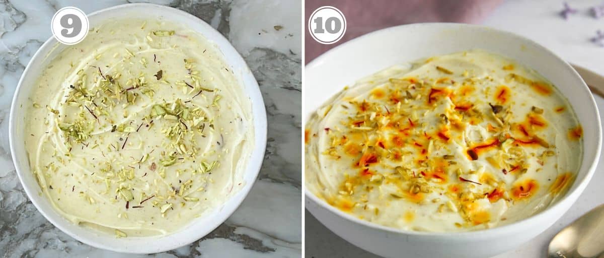 garnished shrikhand with cardamom and saffron 
