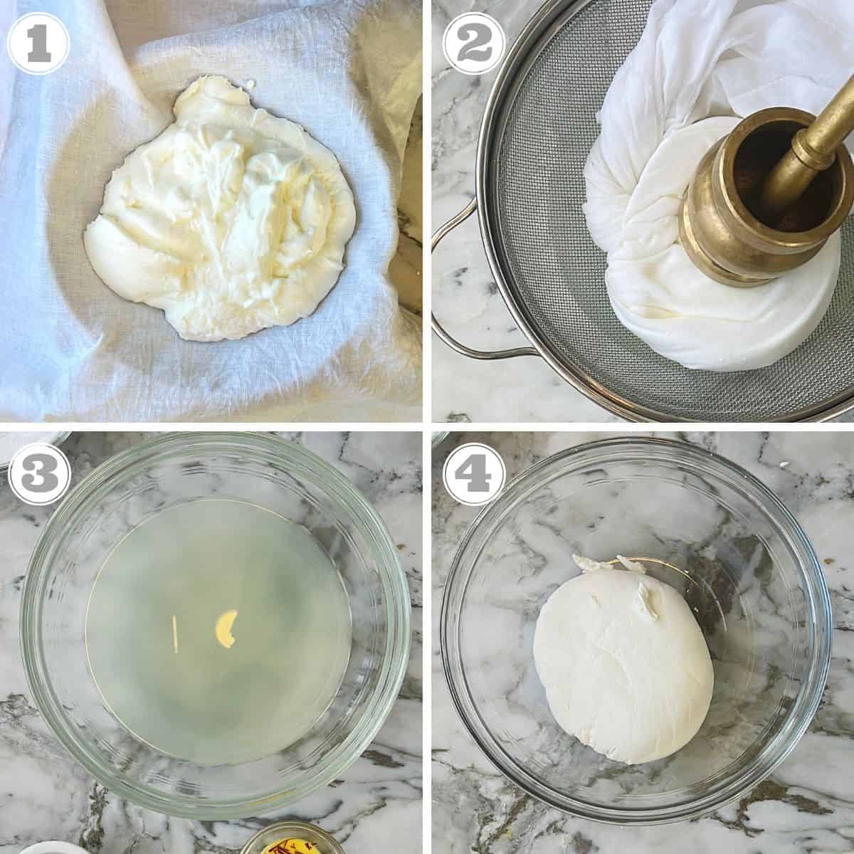 steps one through four showing how to strain yogurt 