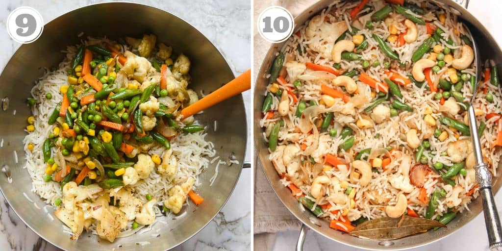 Mixing rice and veggies for pulao 