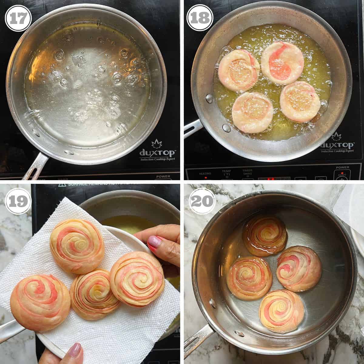 steps seventeen through twenty showing frying and dipping chirote in syrup 
