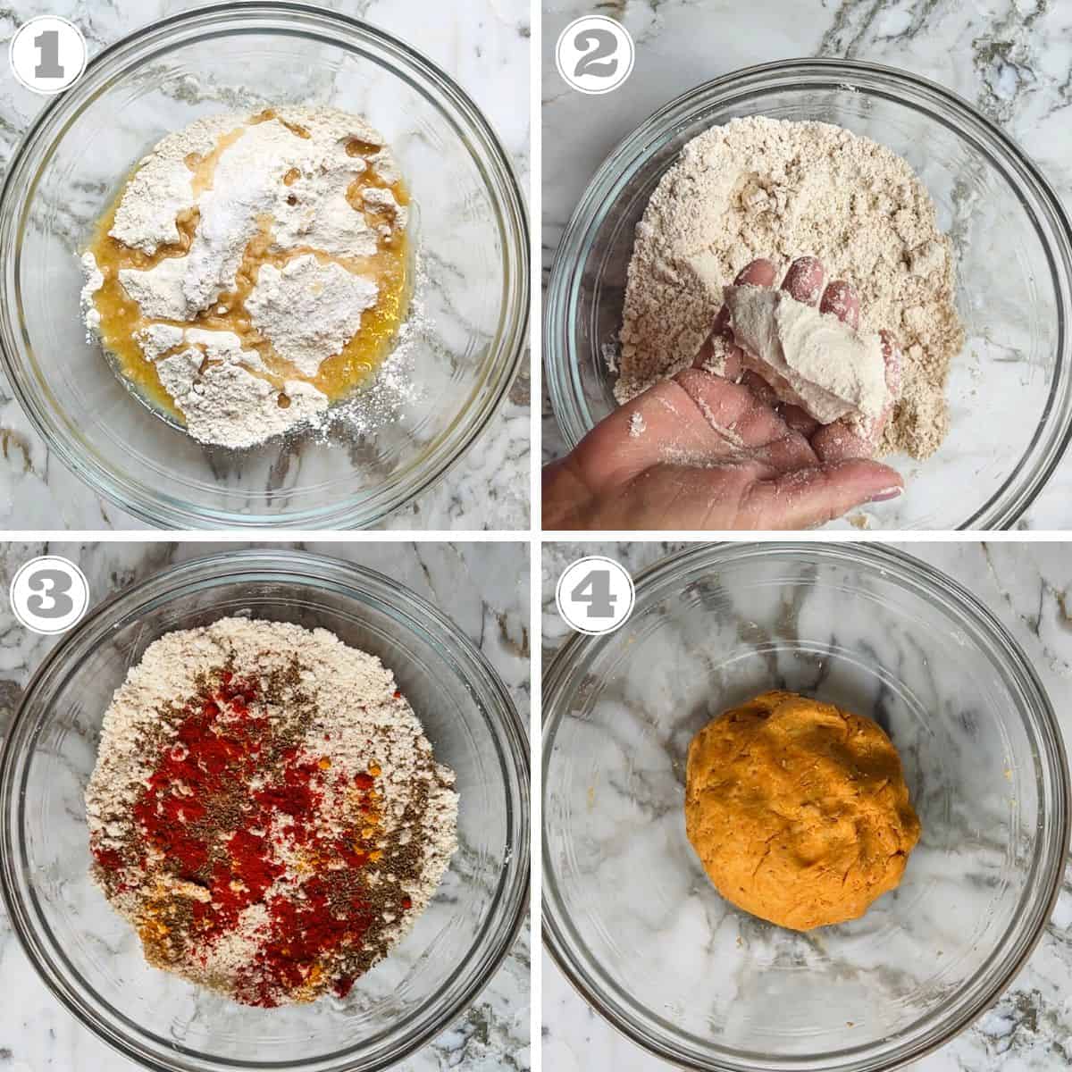 steps one through four showing how to make dough for namakpare 