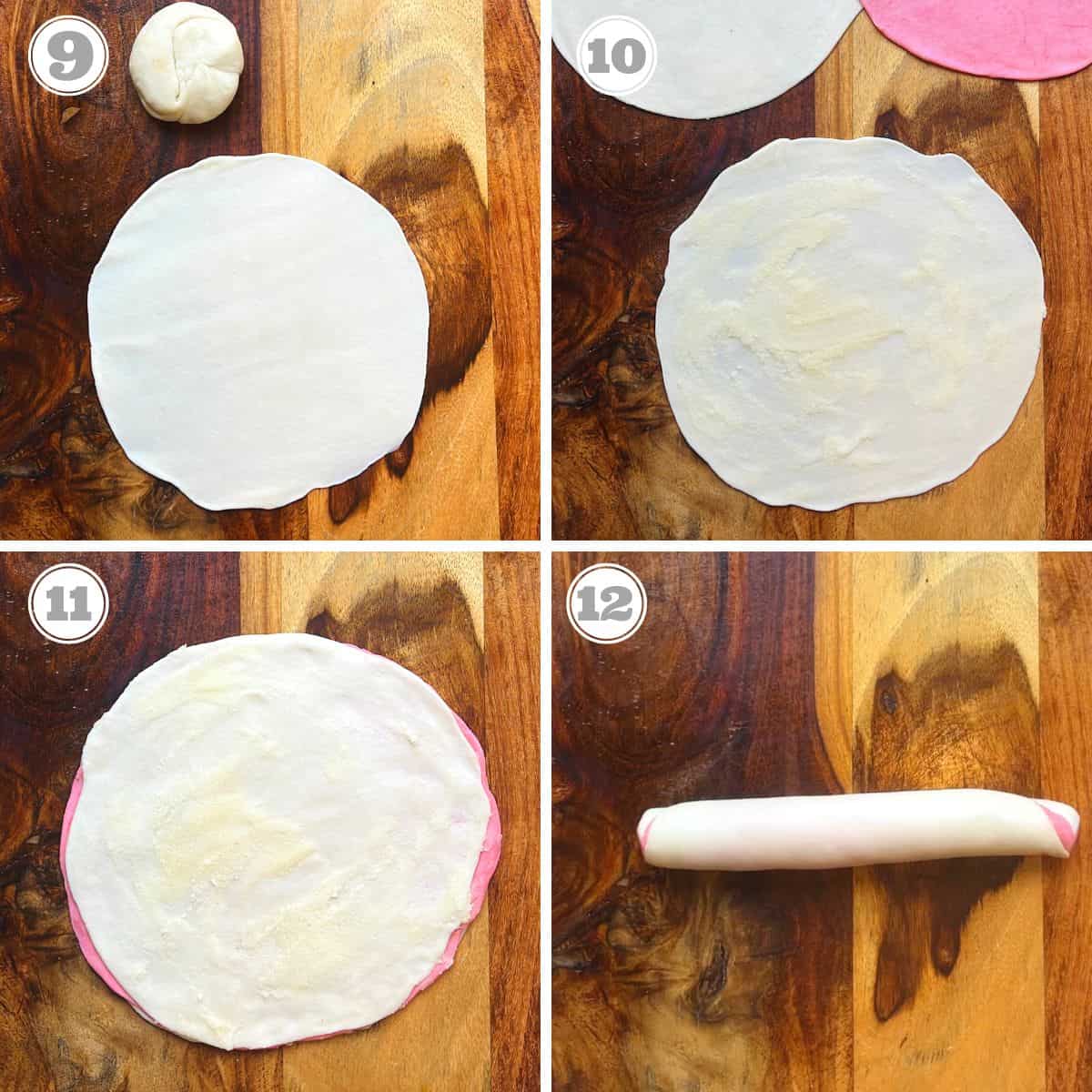 steps nine through twelve showing rolling dough and layering 