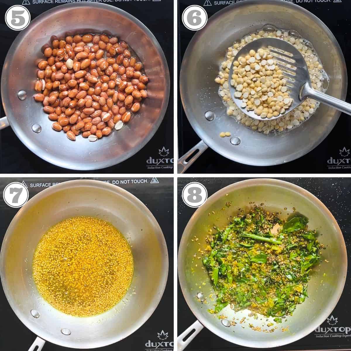 steps five through eight showing frying peanuts, roasted lentils and tadka