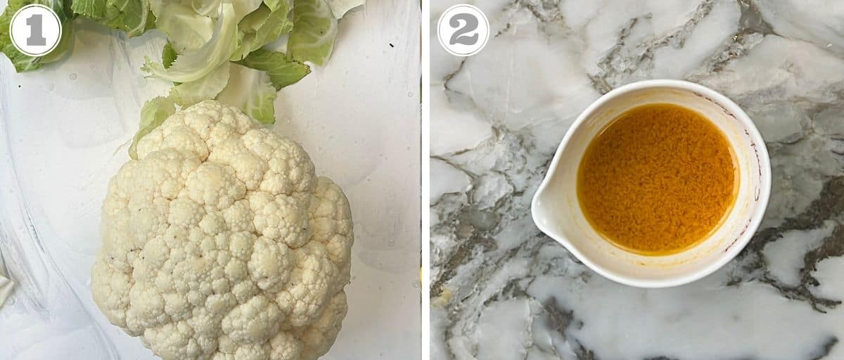 trimmed whole cauliflower, salt and turmeric water in a bowl