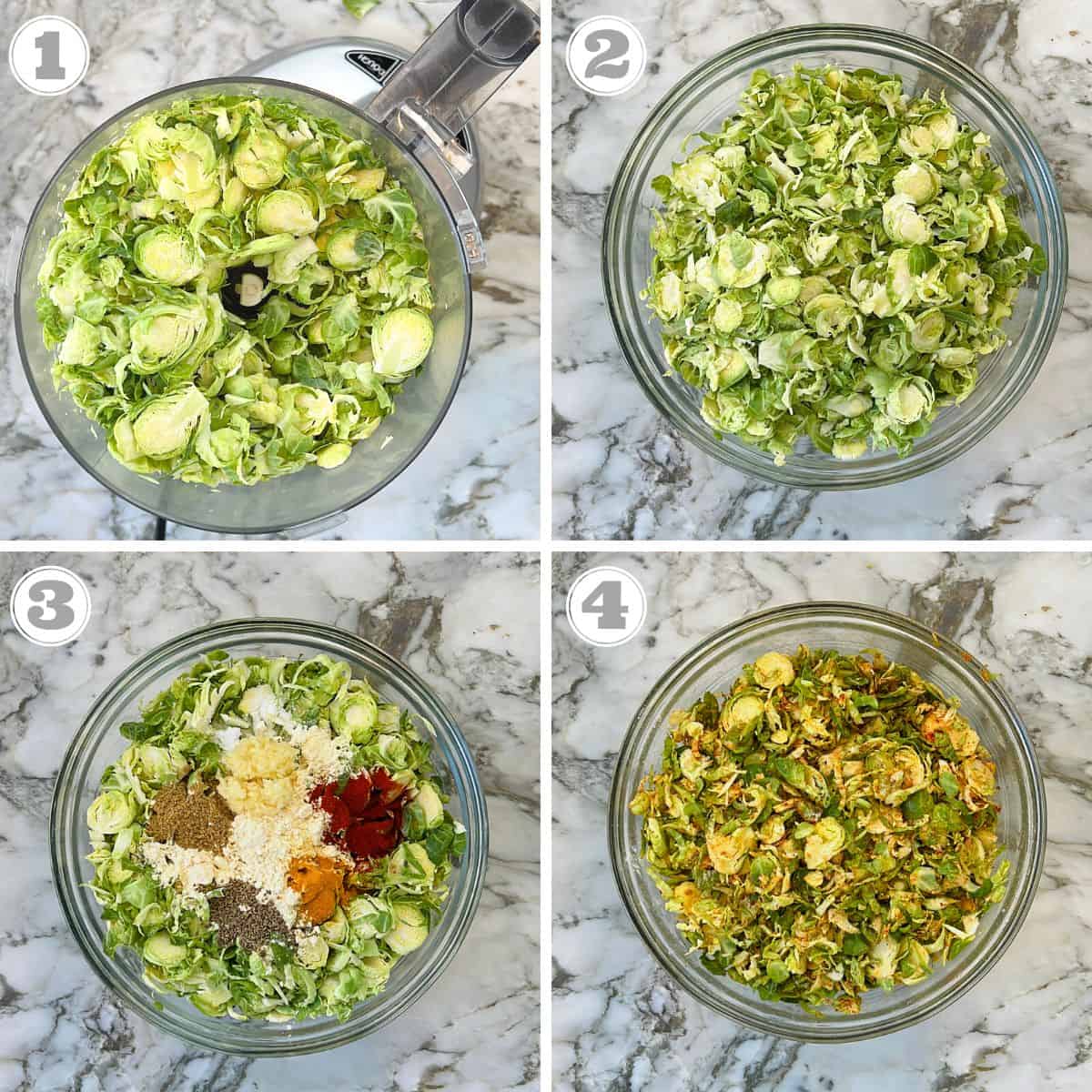 photos one through four with shaved Brussels sprouts mixed with spices