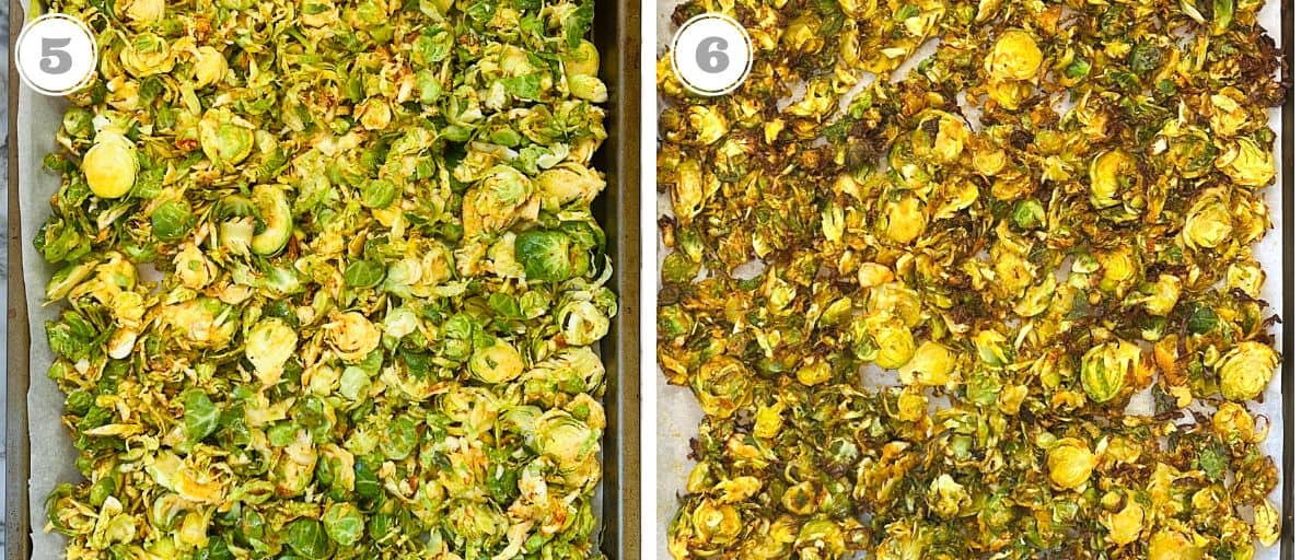 photos five and sis with shredded Brussels sprouts on baking tray 