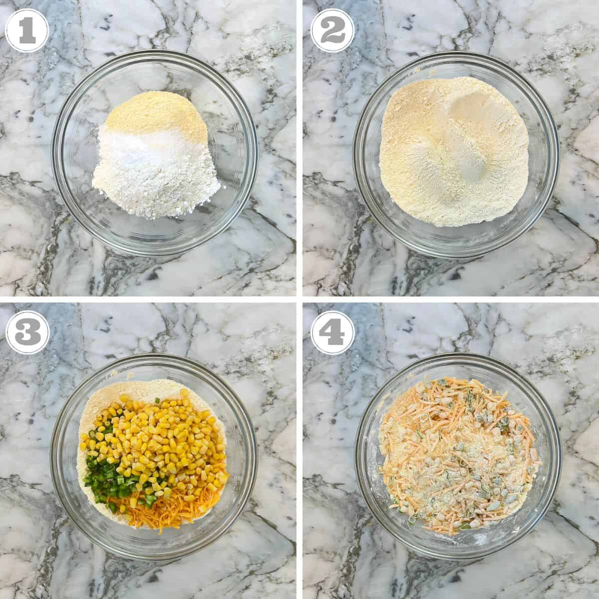 steps one through four showing mixing the dry ingredients in a bowl