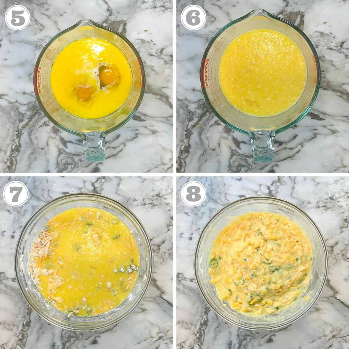 steps five through eight showing mixing wet ingredients and making the batter 