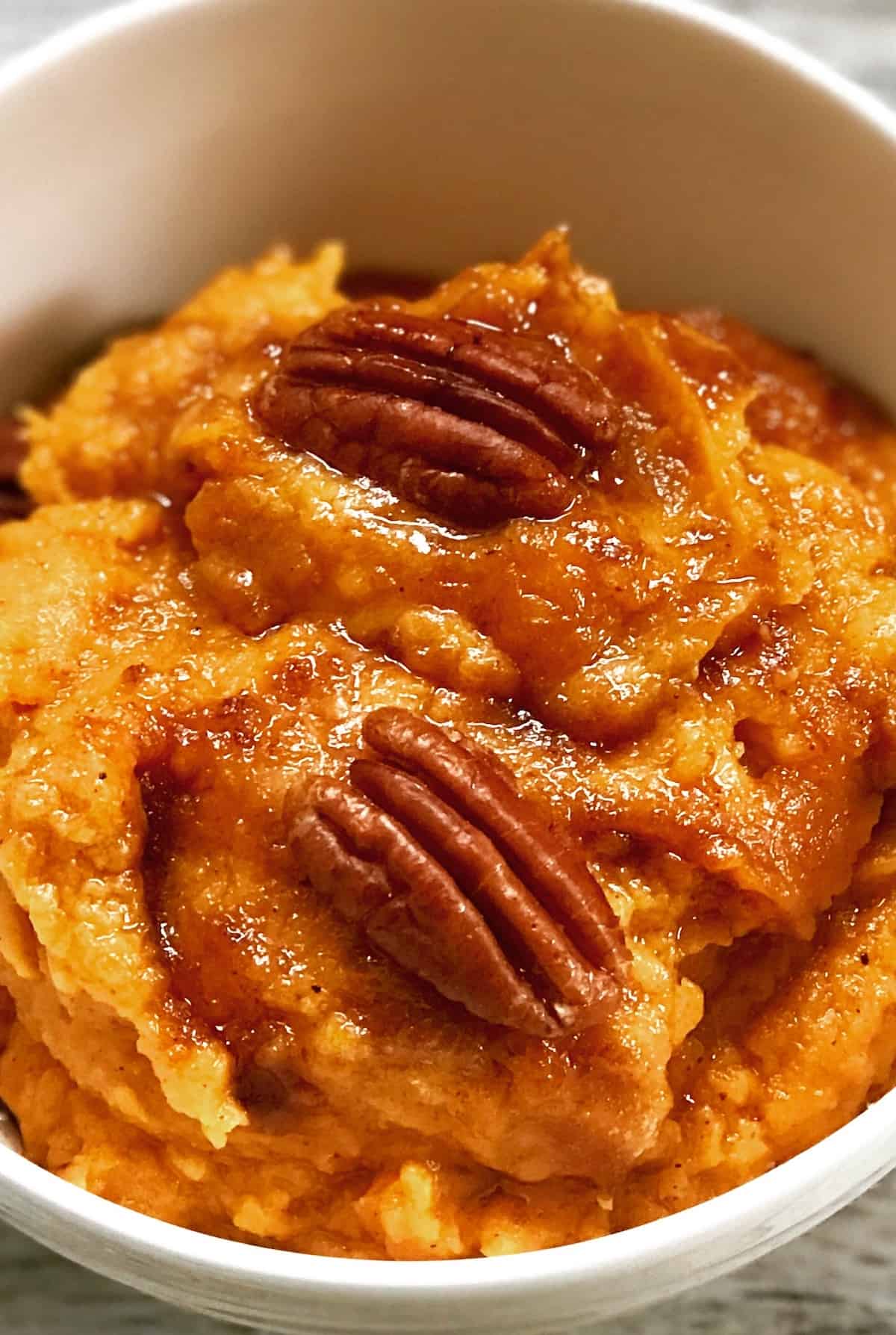 sweet potato casserole served in white bowl