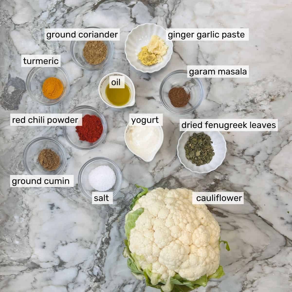ingredients to make tandoori cauliflower 