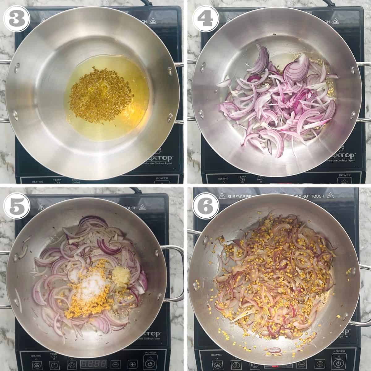 photos three though six showing sauteeing onions with cumin seeds, garlic and lentils 