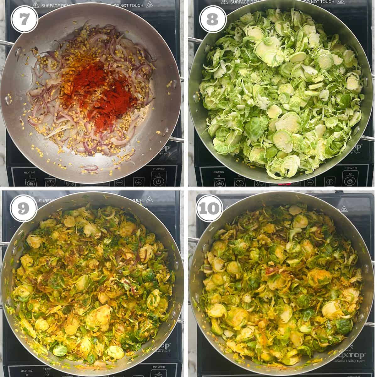 photos seven through ten showing  brussels sprouts subzi cooked with spices 