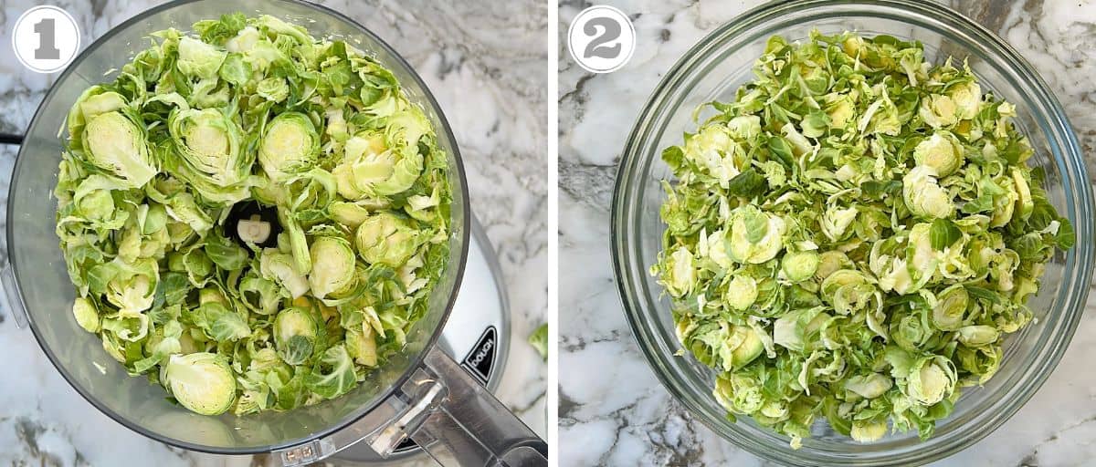 photos one and two showing how to shave Brussels sprouts in food processor