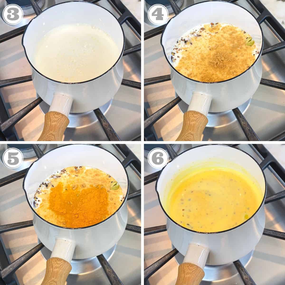 photos three through six showing how to make haldi doodh in a saucepan