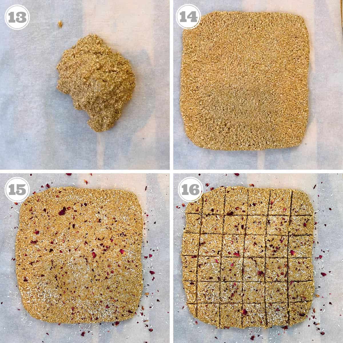 photos thirteen through sixteen showing how to roll and cut tilachi vadi 