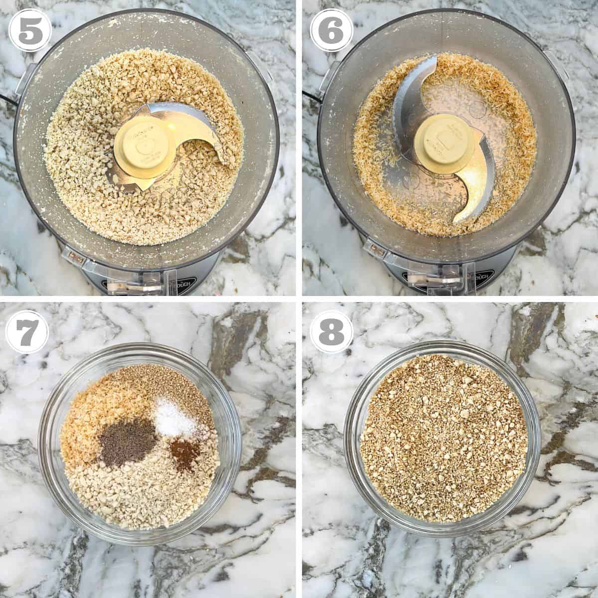photos five through eight showing ground peanuts, coconut and a bowl with ingredients mixed in 