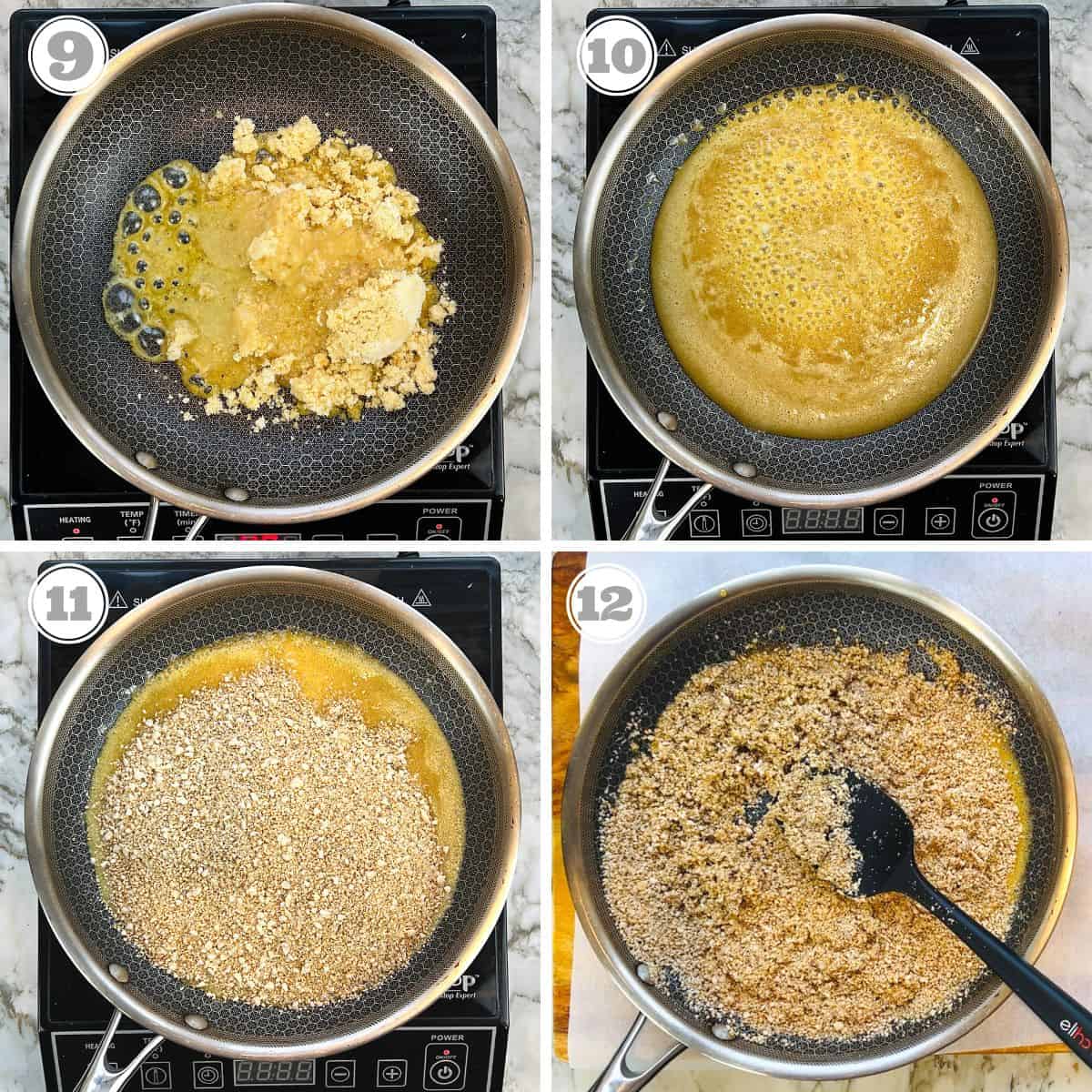 photos nine through twelve showing how to cook jaggery and sesame mixture 