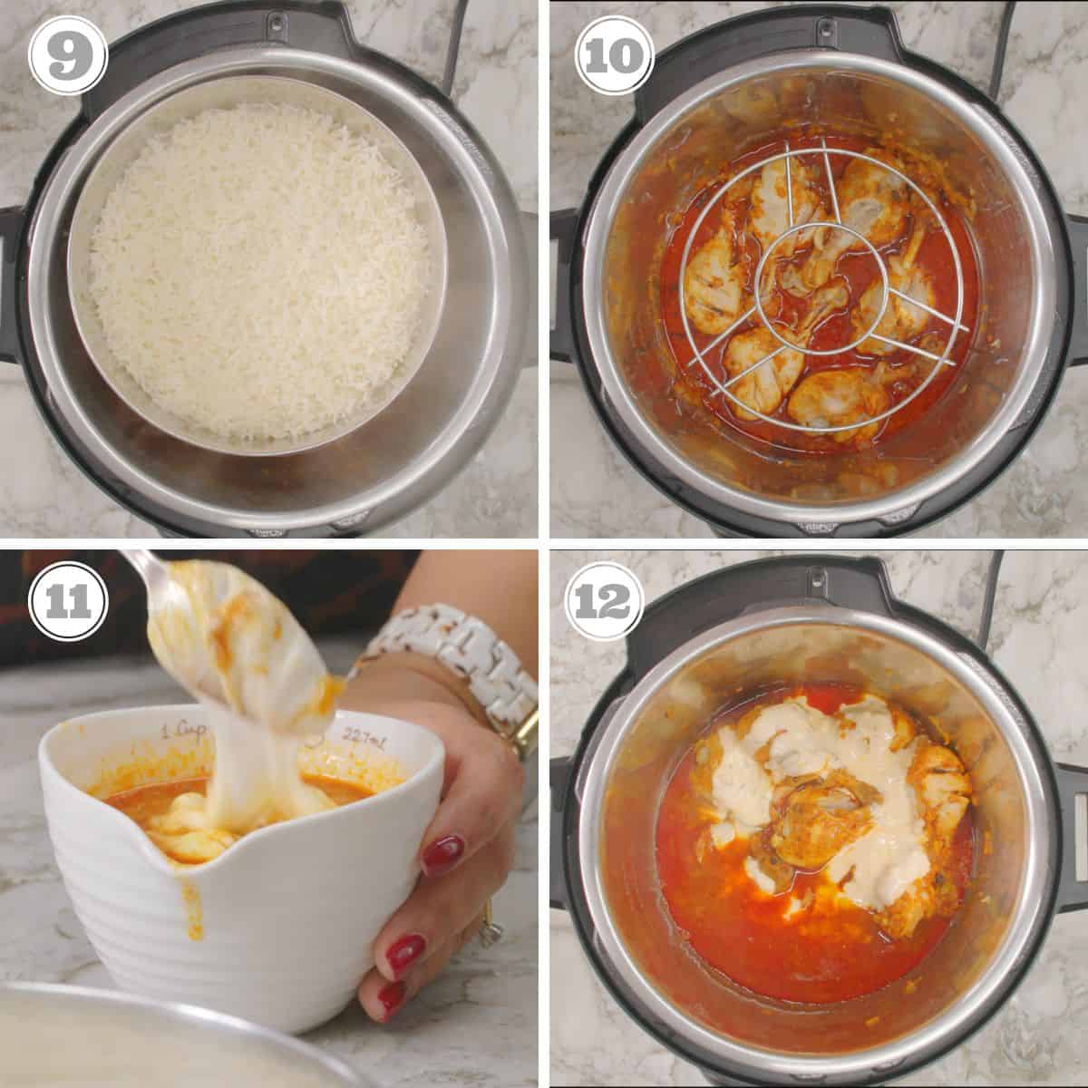 photos nine through twelve showing pot in pot rice with chicken curry 