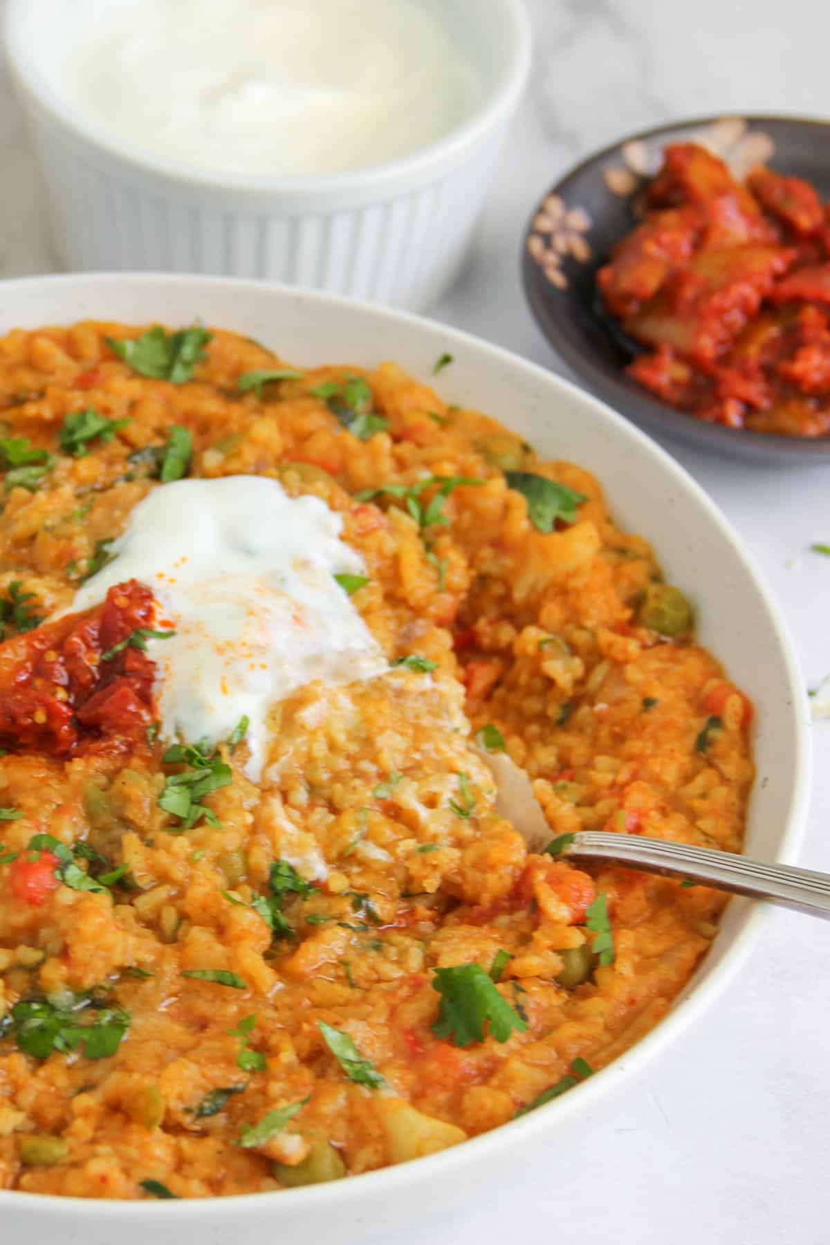 Pav Bhaji khichdi served with yogurt and pickle