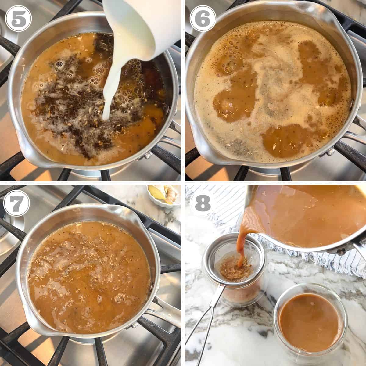 steps five through eight of making ginger chai 