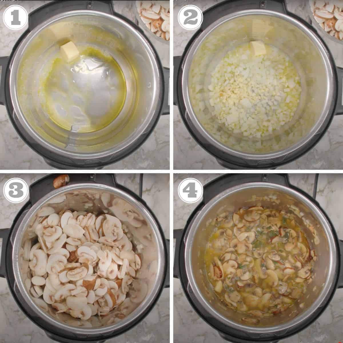 photos one through four showing how to make mushroom soup in the Instant Pot 