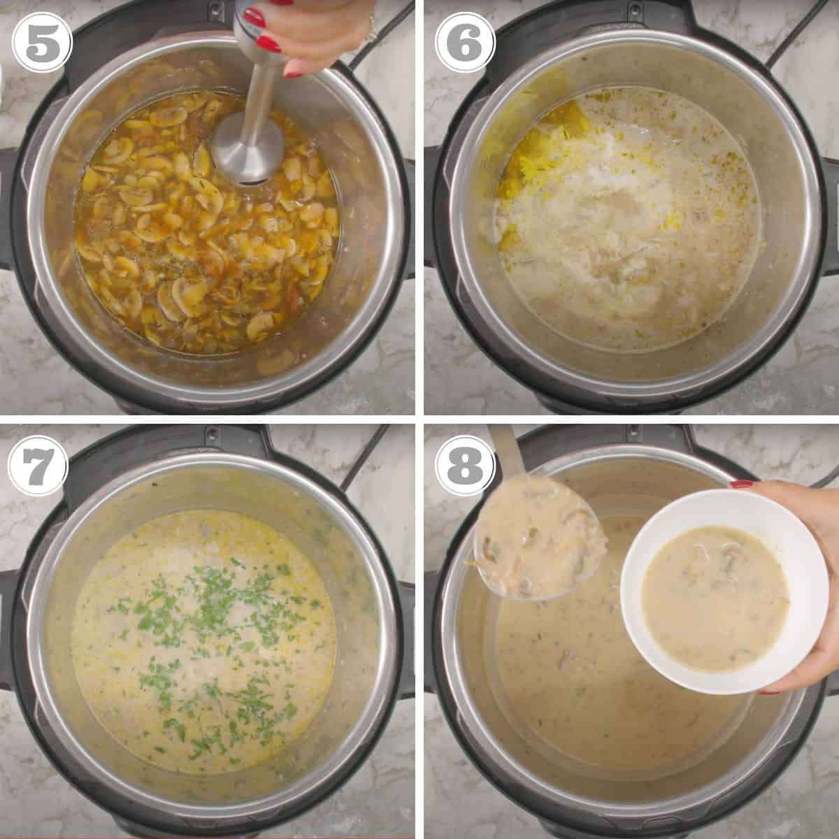 photos five through eight showing blending and finishing mushroom soup in the Instant Pot 