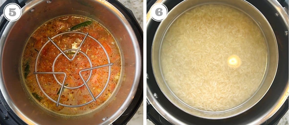 photos five and six showing cooked rice, and adding spinach to cooked dal 
