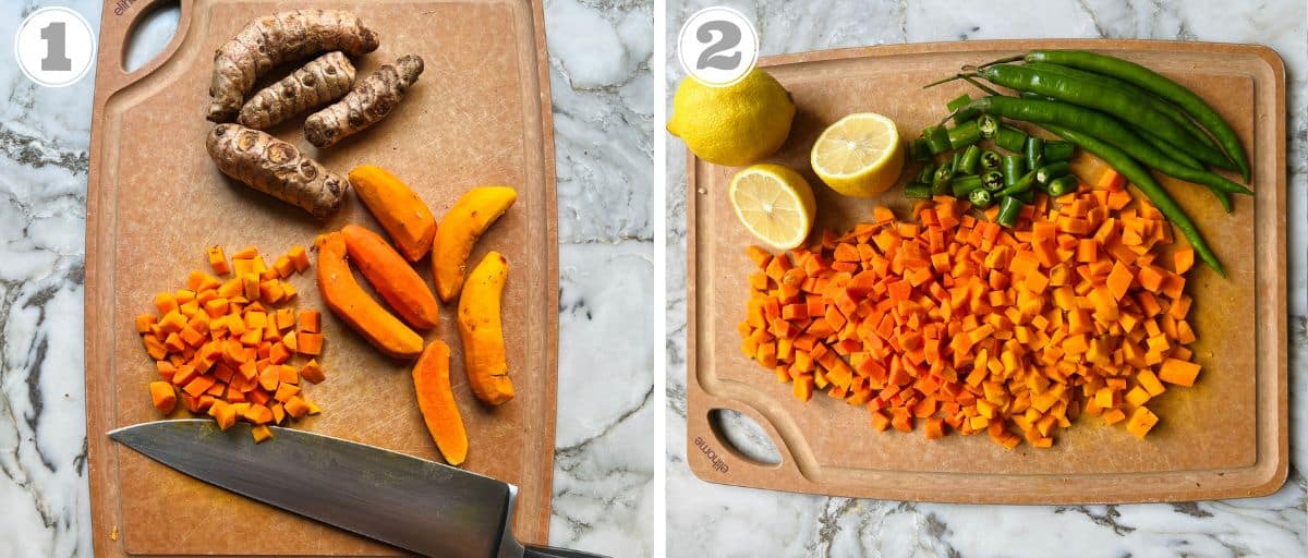 how to prepare fresh turmeric and green chilies for achaar 
