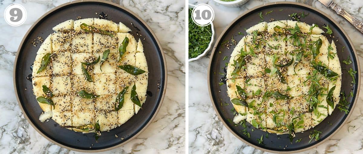 photos nine and ten showing cut dhokla with tempering and garnished with cilantro