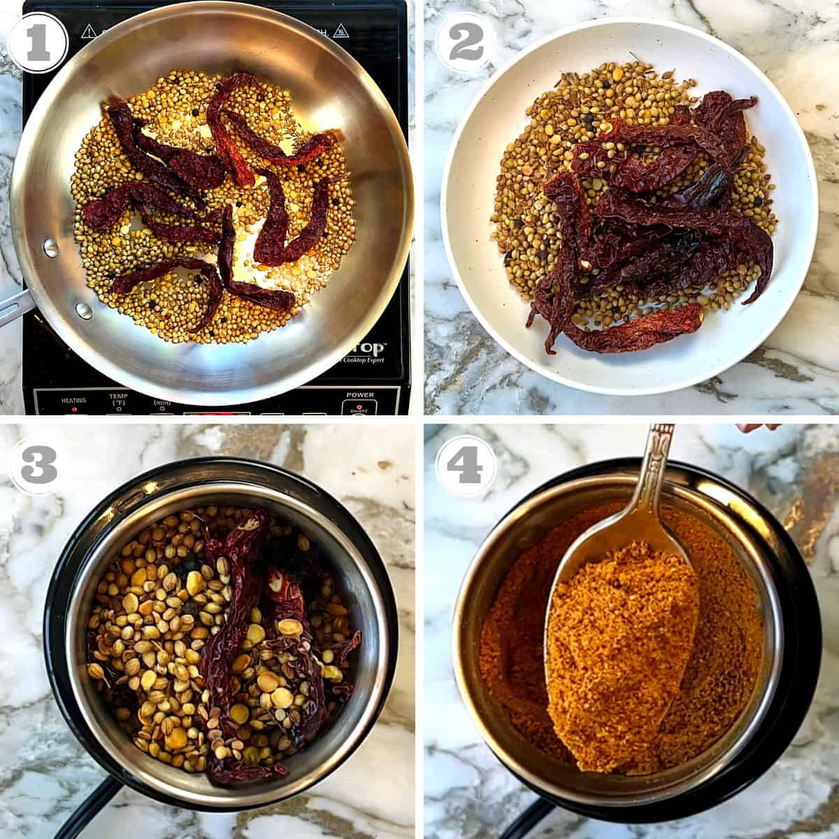 photos one through four showing how to roast and grind spices for sambar masala 