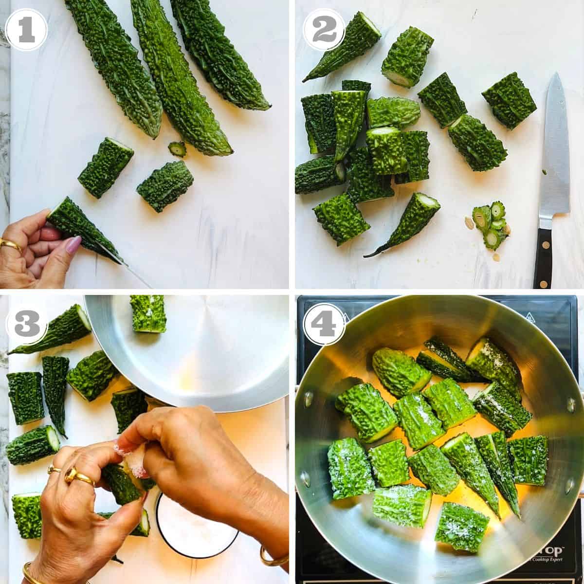 photos one through four showing how to prep bitter gourd  