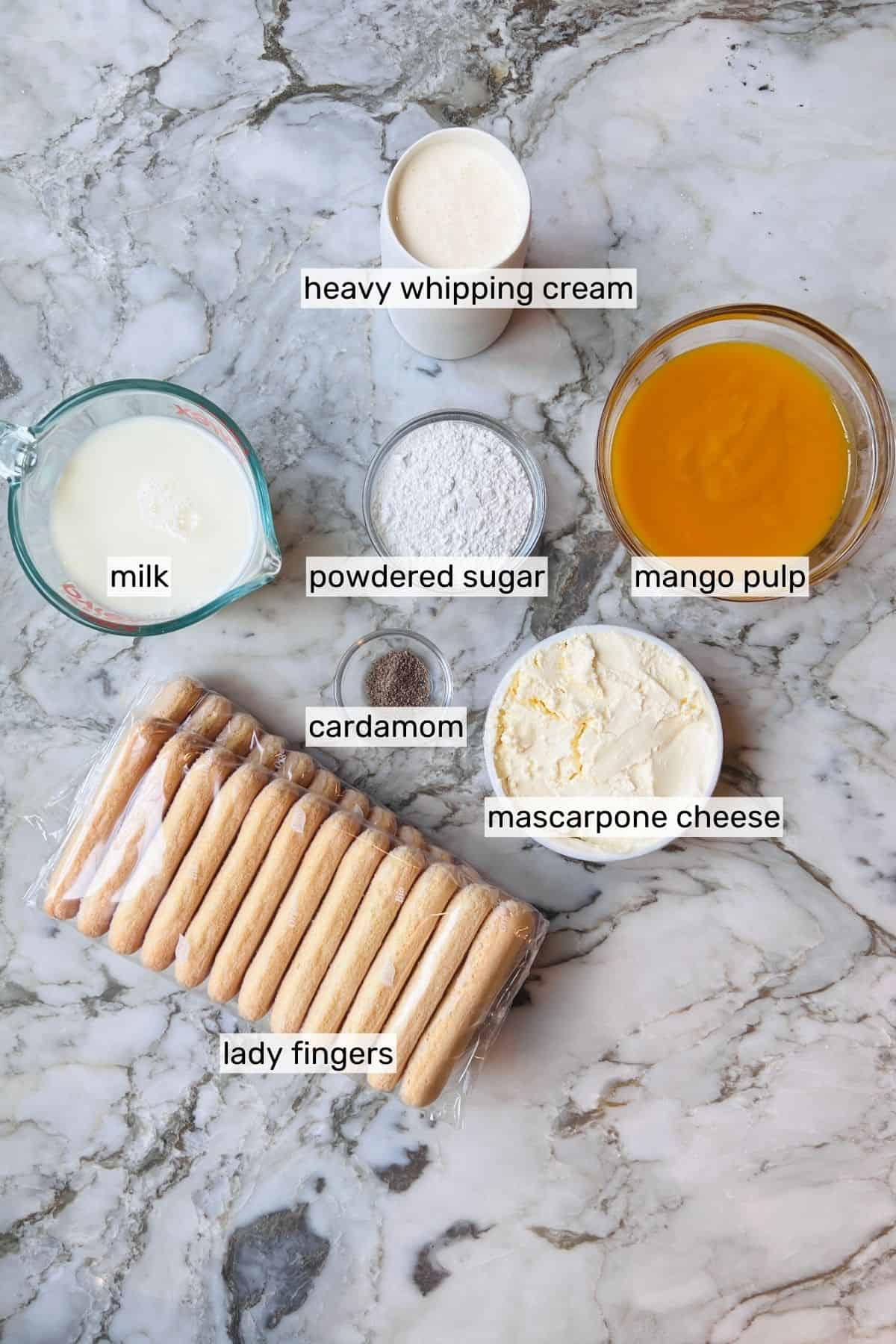 ingredients for mango tiramisu dessert 