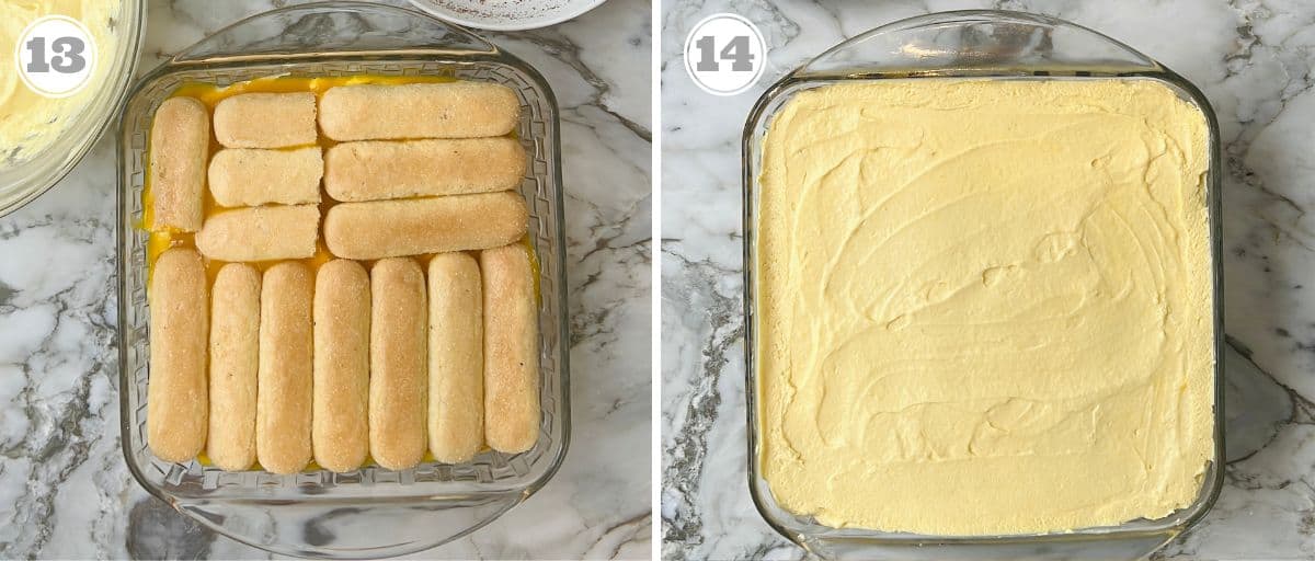 photos thirteen and fourteen showing final layers of tiramisu 