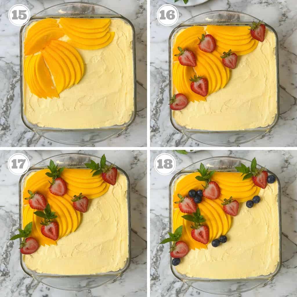 photos fifteen and eighteen showing how to garnish mango tiramisu with fresh fruit 