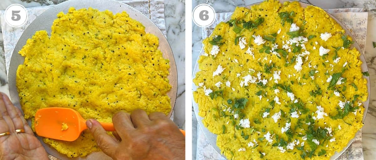 Photos five and six showing how to spread and garnish patwadi on a greased surface 