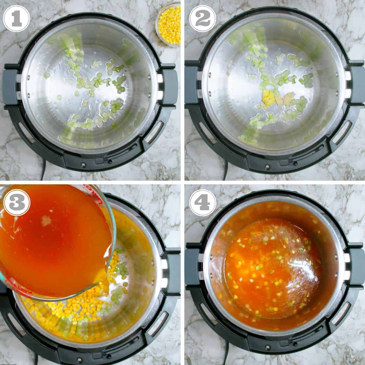 photos one through four showing how to make Instant pot sweet corn soup 