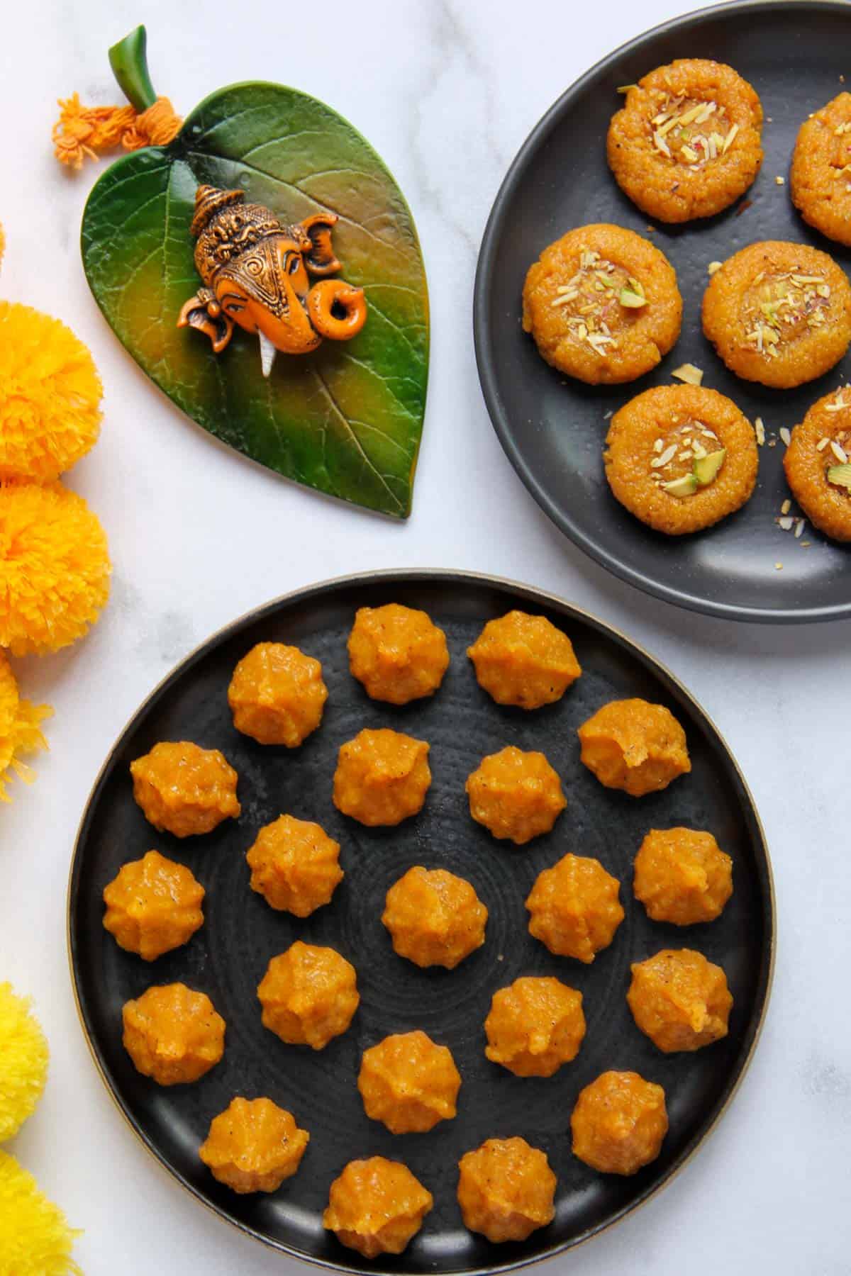 Kesar Mawa Modak and Peda in plates 