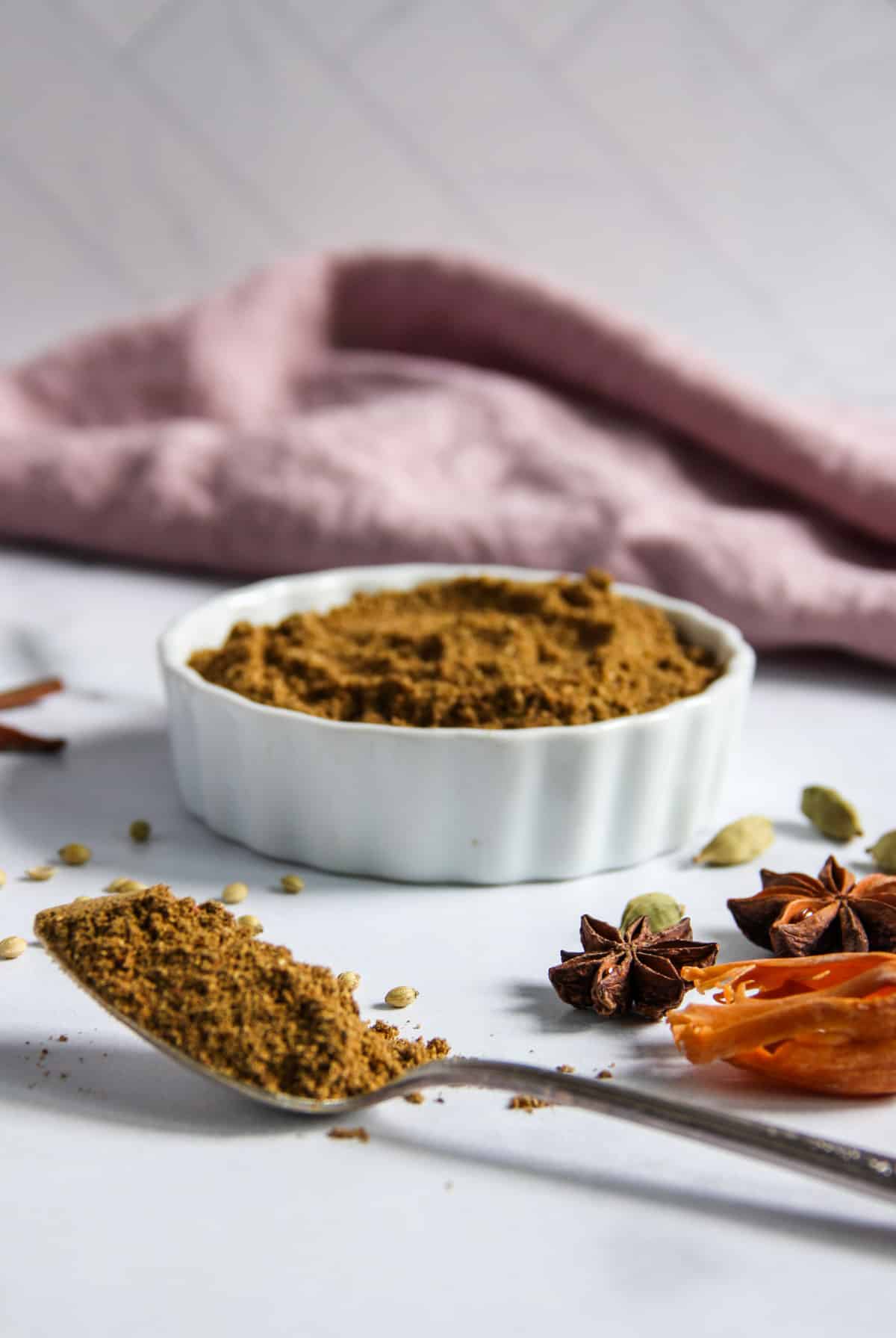 biryani masala in a white bowl and in a spoon