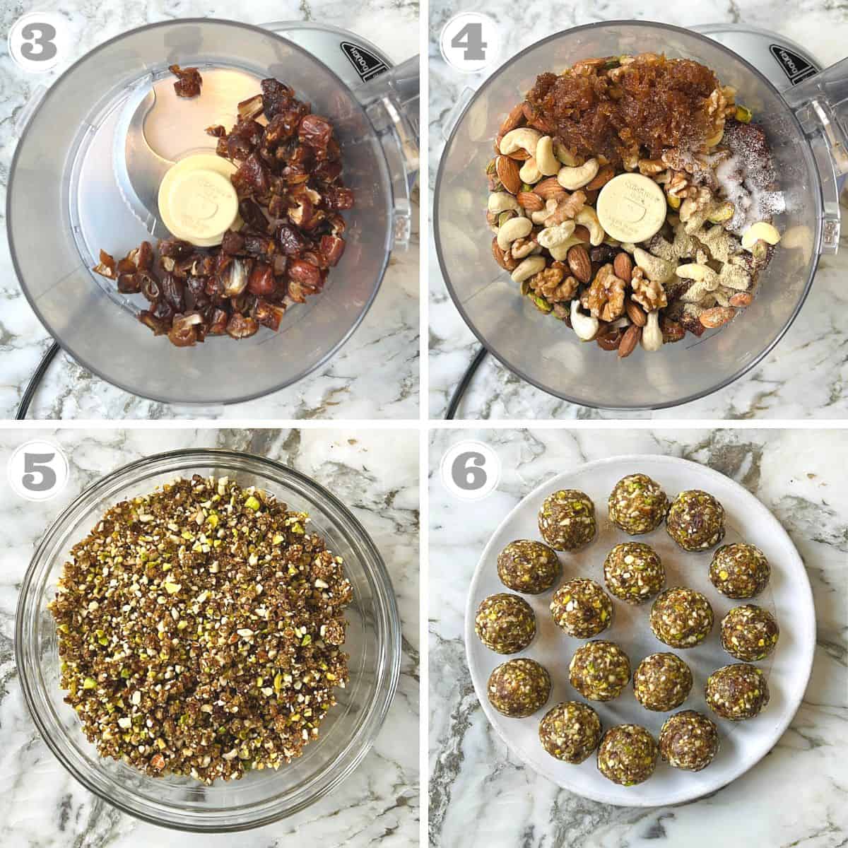 photos three through six showing how to make date and nut laddu 
