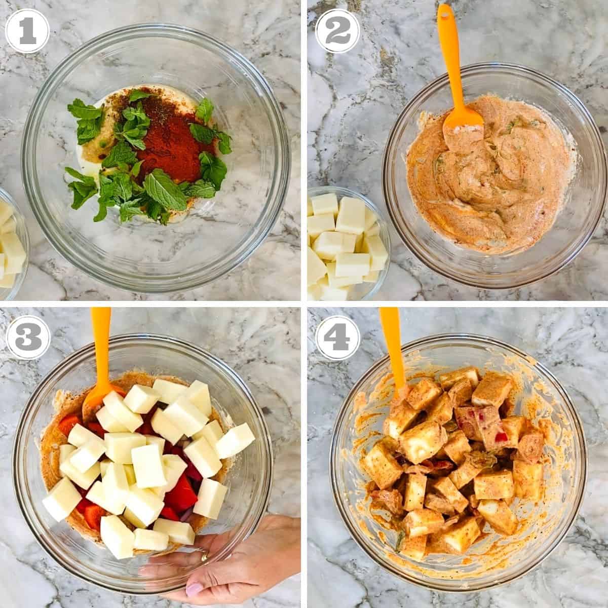 photos one through four showing how to marinate paneer and peppers 