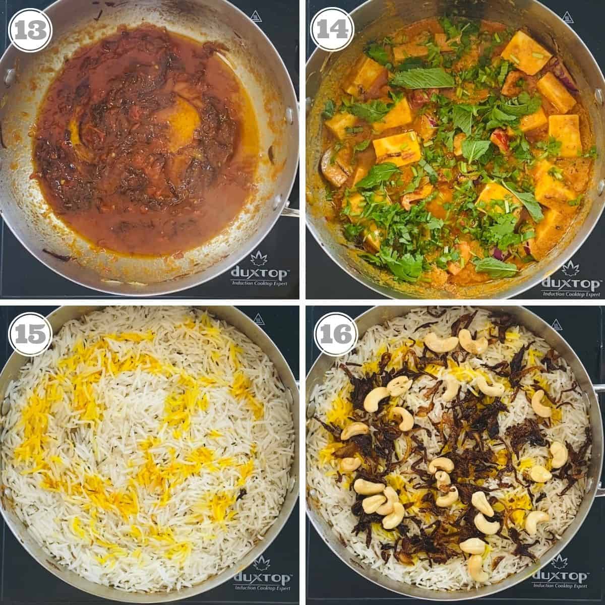 photos thirteen through sixteen showing how to layer biryani 
