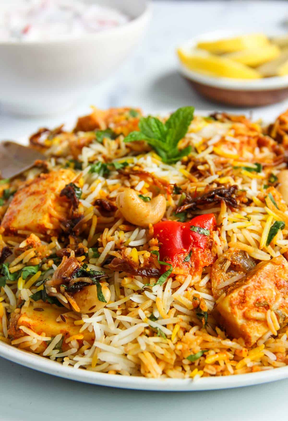 close up photo of paneer biryani 