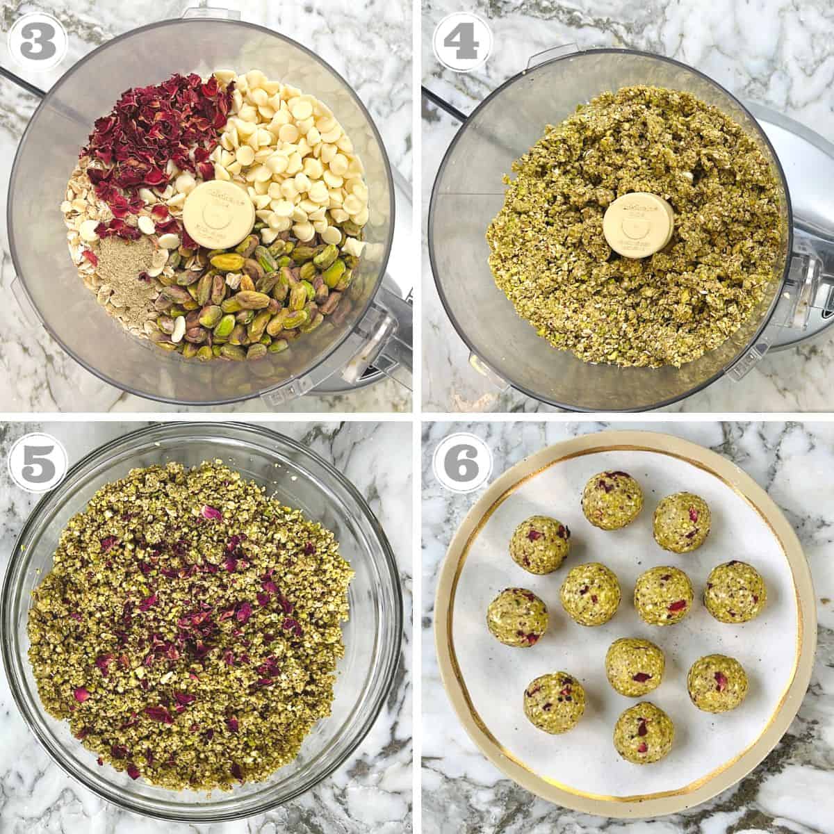 phtoos three trhough six showing how to make oats pistachio mixture and shape into laddu.