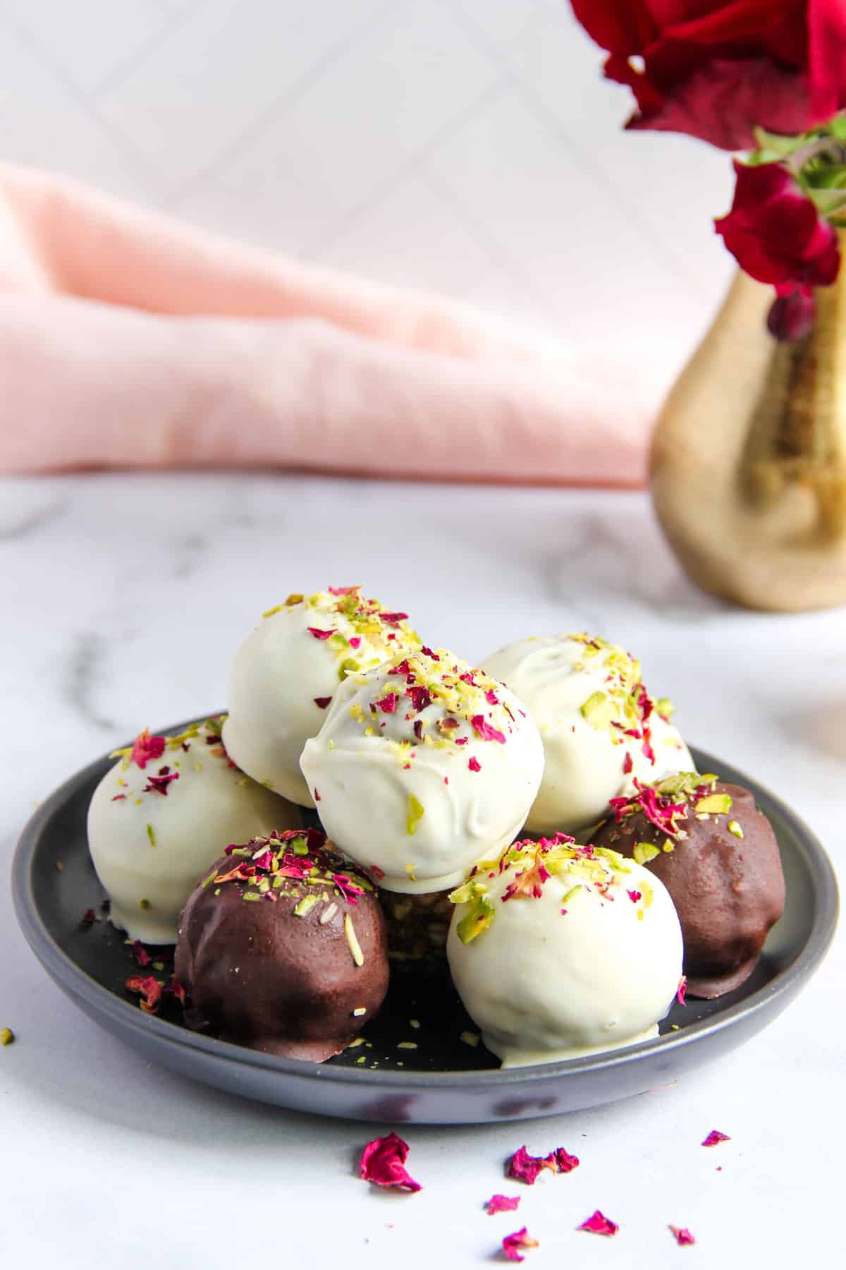 white and dark chocolate covered date and nut truffles 